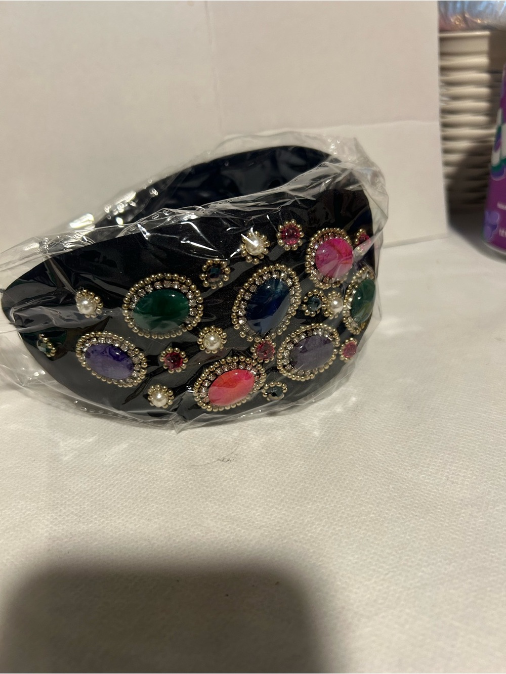 Embellished Black,brown and gray Headband with Multicolor Gemstones